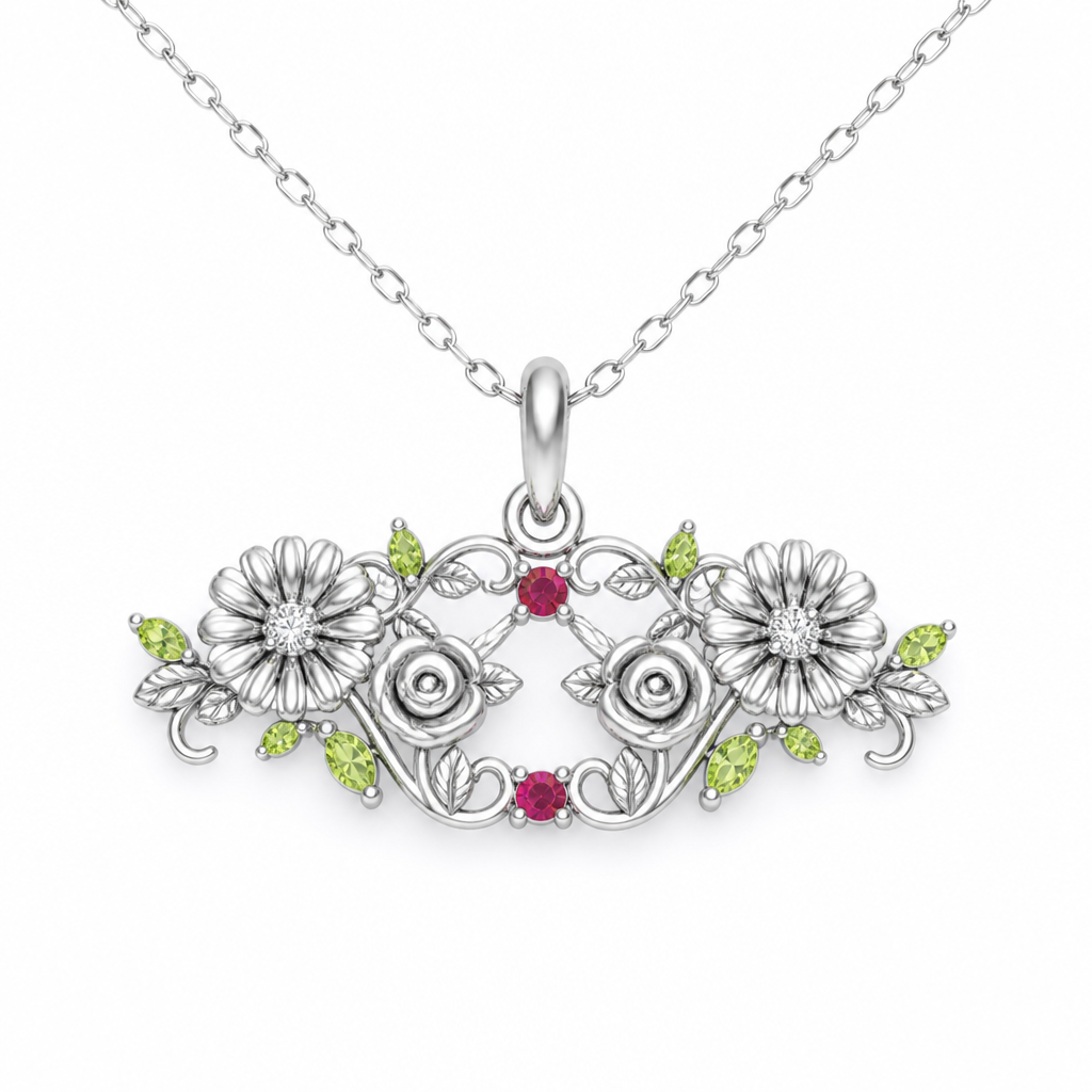 'name hsin pendant with two small daisy designs with tiny diamonds and tiny ruby 15th, peridot tiny leaves and roses in silver setting""
photorealistic jewelry design, 'name hsin pendant with two small daisy designs with tiny diamonds and tiny ruby 15th, peridot tiny leaves and roses in silver setting"", just the design no text
