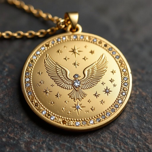 Золотой матовый медальон в форме неровного круга с неровными краями. По краям выпуклые точки сплошной линией. На круге выгравирован ангел без фигуры, видно только крылья и вокруг здездочки и разные узоры и украшен миниатюрными камнями