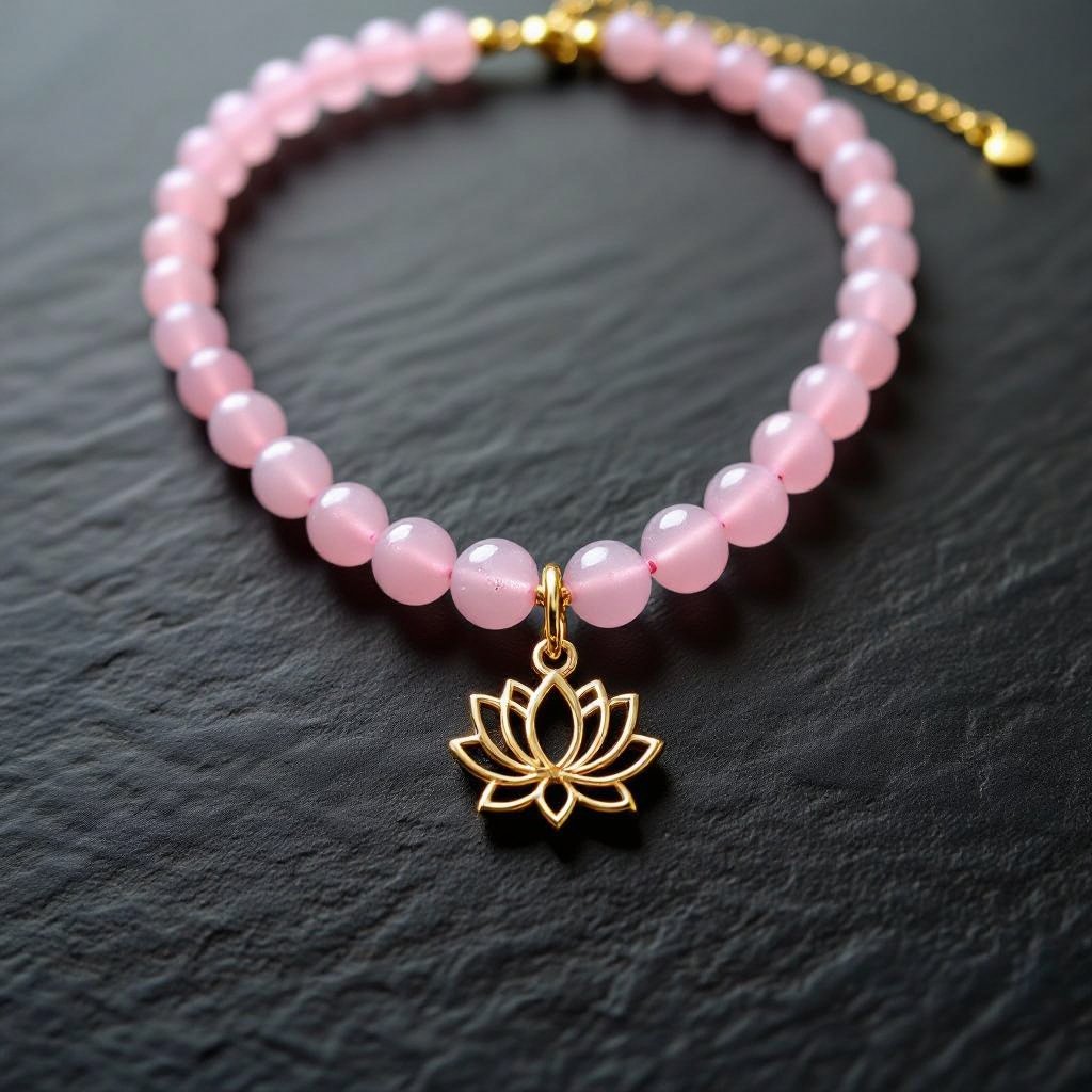 Чокер из натурального мелкого необработанного розового кварца неровной формы бусины с золотой маленькой подвеской в форме лотоса