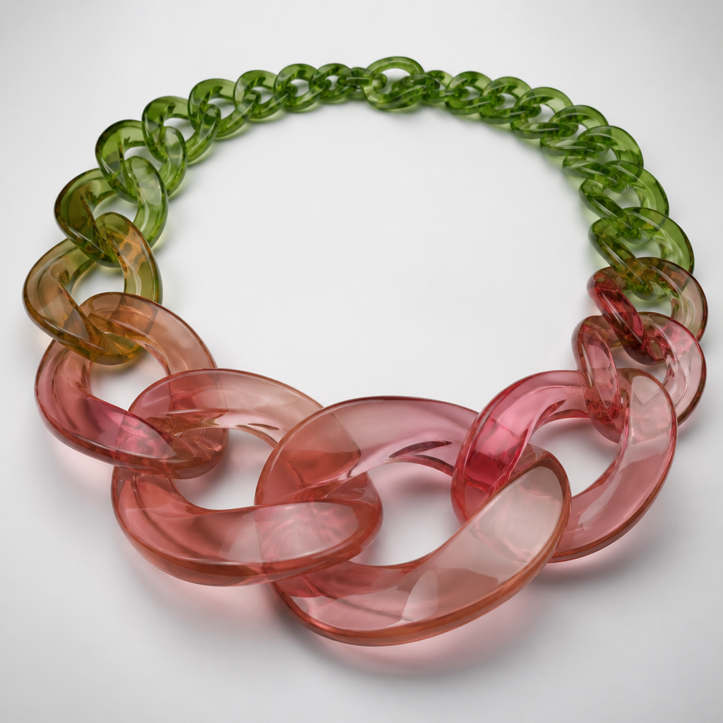 A women's necklace. create a chunky Cuban links style plastic necklace that is graduated and exaggerated in the first three links of translucent colors with the back part being green like a flower stem and the front part being a rose color
photorealistic jewelry design, A women's necklace. create a chunky Cuban links style plastic necklace that is graduated and exaggerated in the first three links of translucent colors with the back part being green like a flower stem and the front part being a rose color, modern style, just the design no text