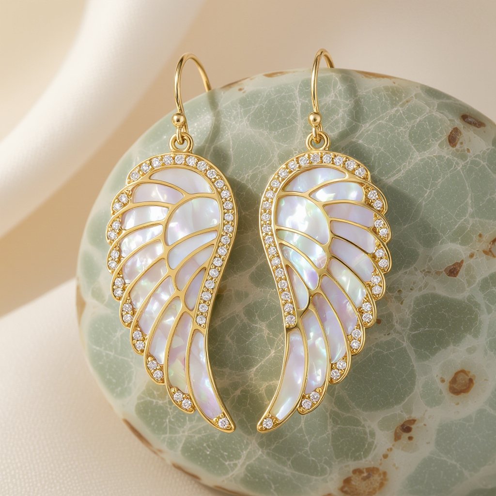 Серьги в виде белого крыла ангела из перламутра в золоте