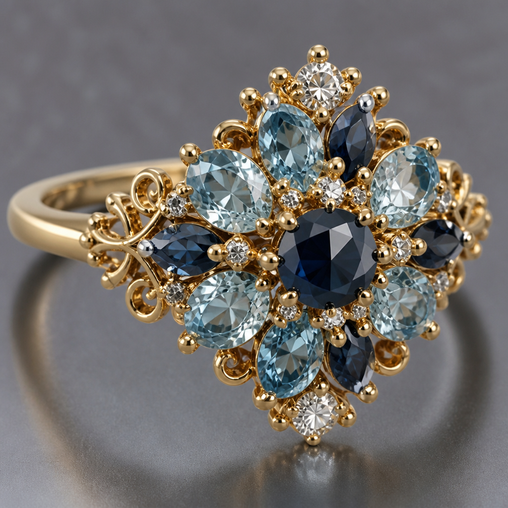 A cluster women's ring made of gold with diamond and sapphire and aquamarine stones suitable for formal, highly ornate, intricate and elaborate, richly detailed. delicado y sencillo
photorealistic jewelry design, A cluster women's ring made of gold with diamond and sapphire and aquamarine stones suitable for formal, highly ornate, intricate and elaborate, richly detailed. delicado y sencillo, cluster style, just the design no text