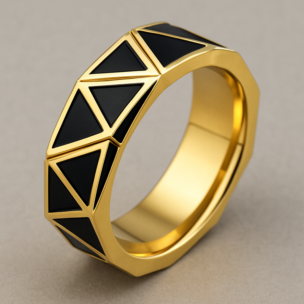 Geomatric gold ring of yellow gold and black enemal of edge style