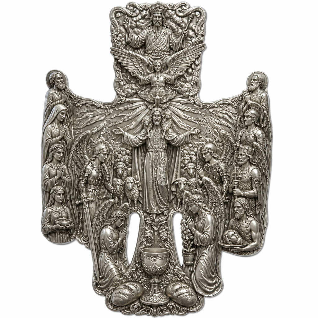 A sculptural women's pendant made of silver suitable for festival. An extraordinary excellent beautiful delicate and elegant, super modern Cross, without stones, without background only the Cross, with Jesus Christ as the Good Shepherd with a beautiful delicate and elegant face, with long hair, with a beautiful delicate elegant and fit body, with His hands wide open to receive all of us, with a beautiful delicate elegant and beautifully ornated tunic, with a beautiful delicate and elegant sheep on His shoulders, with a beautiful delicate and elegant flock of beautiful delicate and elegant sheep backward of Him. Over Jesus Christ and the flock to be placed the Holy Spirit as an Angel with a beautiful delicate and elegant face, with long hair, with big wings flying, with a beautiful delicate elegant and fit body, with a beautiful delicate elegant and beautifully ornated tunic under the Angel to be placed a beautiful delicate and elegant dove flying both of them the Angel and the dove to be surrounded by tongues of fire radiating light to Jesus Christ and the flock. Over the Holy Spirit to be placed God the Father with a beautiful delicate and elegant face, with long hair, with a beautiful delicate elegant and fit body, with a beautiful delicate and elegant tunic, with a beautiful delicate and elegant sceptre at His left hand blessing the world with His right hand, with a beautiful delicate elegant and beautifully ornated crown on His head. At the bottom of the Cross to be placed the Holy Communion with a beautiful delicate elegant and beautifully ornated chalice and two breads around the chalice. At the lower right side of the Cross to be stacked one by one Saint John the Baptist with a beautiful delicate elegant and beautifully ornated platter with his head on it. Over Saint John the Baptist to be placed Saint Constantine with a beautiful delicate and elegant face, with long hair, with a beautiful delicate and elegant crown on his head, with a beautiful delicate elegant and fit body, with a beautiful delicate and elegant armour holding a beautiful delicate elegant and beautifully ornated Cross. Over Saint Constantine to be placed Saint George with a beautiful delicate and elegant face, with long hair, with a beautiful delicate elegant and beautifully ornated helmet with a beautiful delicate elegant and fit body, with a beautiful delicate elegant and beautifully ornated armour, holding a beautiful delicate and elegant sword with his right hand at low position and near the floor giving respect to the Holy Trinity and Praying. Over Saint George to be placed Saint Peter the Apostle Praying. At the left lower side of the Cross to be placed stacked Saint Paraskevi with a beautiful delicate and elegant face, with long hair, with a beautiful delicate elegant and beautifully curved body, with a beautiful delicate elegant and beautifully ornated tunic holding a bowl with two eyes in it. Over Saint Paraskevi to be placed Saint Irene with a beautiful delicate and elegant face, with long hair, with a beautiful delicate elegant and beautifully ornated wreath on her head, with a beautiful delicate elegant and beautifully curved body, with a beautiful delicate elegant and beautifully ornated tunic Praying. Over Saint Irene to be placed Virgo Maria with a beautiful delicate and elegant face, with beautifully ornated long hair, with a beautiful delicate elegant and beautifully curved body, with a beautiful delicate elegant and beautifully ornated tunic Praying. Over Virgo Maria to be placed Saint Paul the Apostle Praying. At the right side of the Cross to be placed Saint Michael the Archangel with a beautiful delicate and elegant face, with long hair, with a beautiful delicate elegant and beautifully ornated helmet, with a beautiful delicate elegant and fit body, with big wings flying, with a beautiful delicate elegant and beautifully ornated armour, holding His beautiful delicate elegant and beautifully ornated sword low to the ground giving respect to the Holy Trinity and Praying. In front of Saint Michael the Archangel to be placed Saint Gabriel the Archangel with a beautiful delicate and elegant face, with long hair, with a beautiful delicate elegant and beautifully ornated helmet on His head, with a beautiful delicate elegant and fit body, with big wings flying, with a beautiful delicate elegant and beautifully ornated armour, holding a beautiful delicate elegant and beautifully ornated bucket of lilyes and Praying. At the left side of the Cross to be placed Saint Rafael the Archangel with a beautiful delicate and elegant face, with long hair, with a beautiful delicate elegant and beautifully ornated helmet, with a beautiful delicate elegant and fit body, with big wings flying, with a beautiful delicate elegant and beautifully ornated armour, holding a beautiful delicate elegant and beautifully ornated sword with his right hand low giving respect to the Holy Trinity and Praying. In front of Saint Rafael the Archangel to be placed the Guardian Angel with a beautiful delicate and elegant face, with long hair, with a beautiful delicate elegant and beautifully ornated with flowers wreath on His head, with a beautiful delicate elegant and fit body, with a beautiful delicate elegant and beautifully ornated tunic Praying. Make all the Angels, the Saints, God the Father, the Holy Spirit and Jesus Christ and the flock as statues.
photorealistic jewelry design, A sculptural women's pendant made of silver suitable for festival. An extraordinary excellent beautiful delicate and elegant, super modern Cross, without stones, without background only the Cross, with Jesus Christ as the Good Shepherd with a beautiful delicate and elegant face, with long hair, with a beautiful delicate elegant and fit body, with His hands wide open to receive all of us, with a beautiful delicate elegant and beautifully ornated tunic, with a beautiful delicate and elegant sheep on His shoulders, with a beautiful delicate and elegant flock of beautiful delicate and elegant sheep backward of Him. Over Jesus Christ and the flock to be placed the Holy Spirit as an Angel with a beautiful delicate and elegant face, with long hair, with big wings flying, with a beautiful delicate elegant and fit body, with a beautiful delicate elegant and beautifully ornated tunic under the Angel to be placed a beautiful delicate and elegant dove flying both of them the Angel and the dove to be surrounded by tongues of fire radiating light to Jesus Christ and the flock. Over the Holy Spirit to be placed God the Father with a beautiful delicate and elegant face, with long hair, with a beautiful delicate elegant and fit body, with a beautiful delicate and elegant tunic, with a beautiful delicate and elegant sceptre at His left hand blessing the world with His right hand, with a beautiful delicate elegant and beautifully ornated crown on His head. At the bottom of the Cross to be placed the Holy Communion with a beautiful delicate elegant and beautifully ornated chalice and two breads around the chalice. At the lower right side of the Cross to be stacked one by one Saint John the Baptist with a beautiful delicate elegant and beautifully ornated platter with his head on it. Over Saint John the Baptist to be placed Saint Constantine with a beautiful delicate and elegant face, with long hair, with a beautiful delicate and elegant crown on his head, with a beautiful delicate elegant and fit body, with a beautiful delicate and elegant armour holding a beautiful delicate elegant and beautifully ornated Cross. Over Saint Constantine to be placed Saint George with a beautiful delicate and elegant face, with long hair, with a beautiful delicate elegant and beautifully ornated helmet with a beautiful delicate elegant and fit body, with a beautiful delicate elegant and beautifully ornated armour, holding a beautiful delicate and elegant sword with his right hand at low position and near the floor giving respect to the Holy Trinity and Praying. Over Saint George to be placed Saint Peter the Apostle Praying. At the left lower side of the Cross to be placed stacked Saint Paraskevi with a beautiful delicate and elegant face, with long hair, with a beautiful delicate elegant and beautifully curved body, with a beautiful delicate elegant and beautifully ornated tunic holding a bowl with two eyes in it. Over Saint Paraskevi to be placed Saint Irene with a beautiful delicate and elegant face, with long hair, with a beautiful delicate elegant and beautifully ornated wreath on her head, with a beautiful delicate elegant and beautifully curved body, with a beautiful delicate elegant and beautifully ornated tunic Praying. Over Saint Irene to be placed Virgo Maria with a beautiful delicate and elegant face, with beautifully ornated long hair, with a beautiful delicate elegant and beautifully curved body, with a beautiful delicate elegant and beautifully ornated tunic Praying. Over Virgo Maria to be placed Saint Paul the Apostle Praying. At the right side of the Cross to be placed Saint Michael the Archangel with a beautiful delicate and elegant face, with long hair, with a beautiful delicate elegant and beautifully ornated helmet, with a beautiful delicate elegant and fit body, with big wings flying, with a beautiful delicate elegant and beautifully ornated armour, holding His beautiful delicate elegant and beautifully ornated sword low to the ground giving respect to the Holy Trinity and Praying. In front of Saint Michael the Archangel to be placed Saint Gabriel the Archangel with a beautiful delicate and elegant face, with long hair, with a beautiful delicate elegant and beautifully ornated helmet on His head, with a beautiful delicate elegant and fit body, with big wings flying, with a beautiful delicate elegant and beautifully ornated armour, holding a beautiful delicate elegant and beautifully ornated bucket of lilyes and Praying. At the left side of the Cross to be placed Saint Rafael the Archangel with a beautiful delicate and elegant face, with long hair, with a beautiful delicate elegant and beautifully ornated helmet, with a beautiful delicate elegant and fit body, with big wings flying, with a beautiful delicate elegant and beautifully ornated armour, holding a beautiful delicate elegant and beautifully ornated sword with his right hand low giving respect to the Holy Trinity and Praying. In front of Saint Rafael the Archangel to be placed the Guardian Angel with a beautiful delicate and elegant face, with long hair, with a beautiful delicate elegant and beautifully ornated with flowers wreath on His head, with a beautiful delicate elegant and fit body, with a beautiful delicate elegant and beautifully ornated tunic Praying. Make all the Angels, the Saints, God the Father, the Holy Spirit and Jesus Christ and the flock as statues., sculptural style, just the design no text