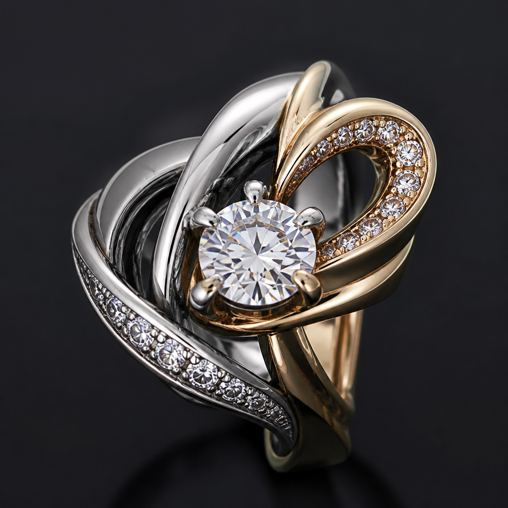 A avant-garde women's ring made of mixed metal with diamond stones suitable for festival. An extraordinary excellent beautiful delicate and elegant solitaire women ring. Face of the ring.
photorealistic jewelry design, A avant-garde women's ring made of mixed metal with diamond stones suitable for festival. An extraordinary excellent beautiful delicate and elegant solitaire women ring. Face of the ring., avant_garde style, just the design no text