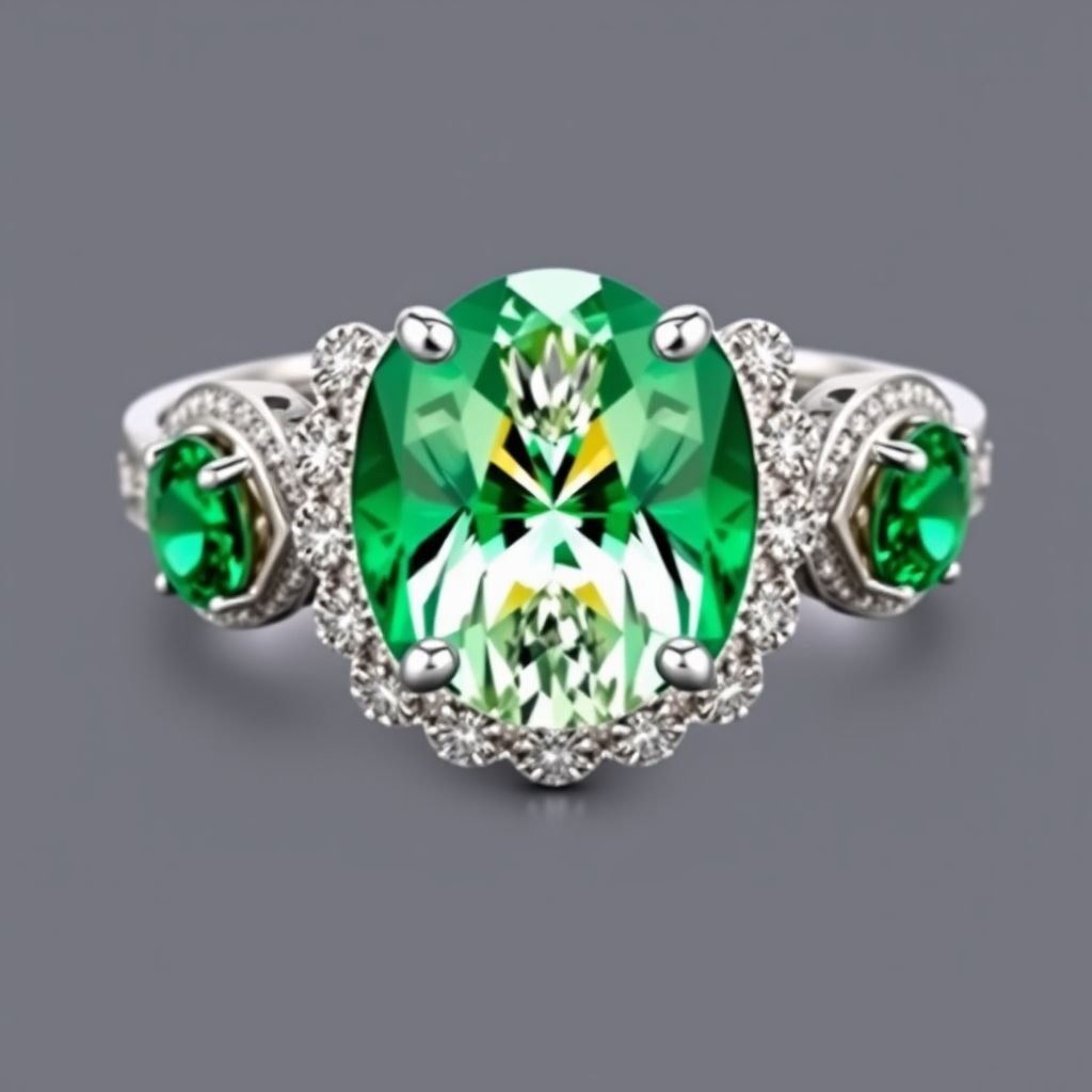 Three stone ring with 2 carat oval diamond flanked by oval emeralds