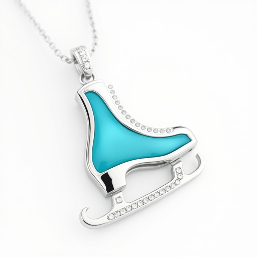 Silver Pendant shape one ice skate with turquoise stripe inside the low thin part blade