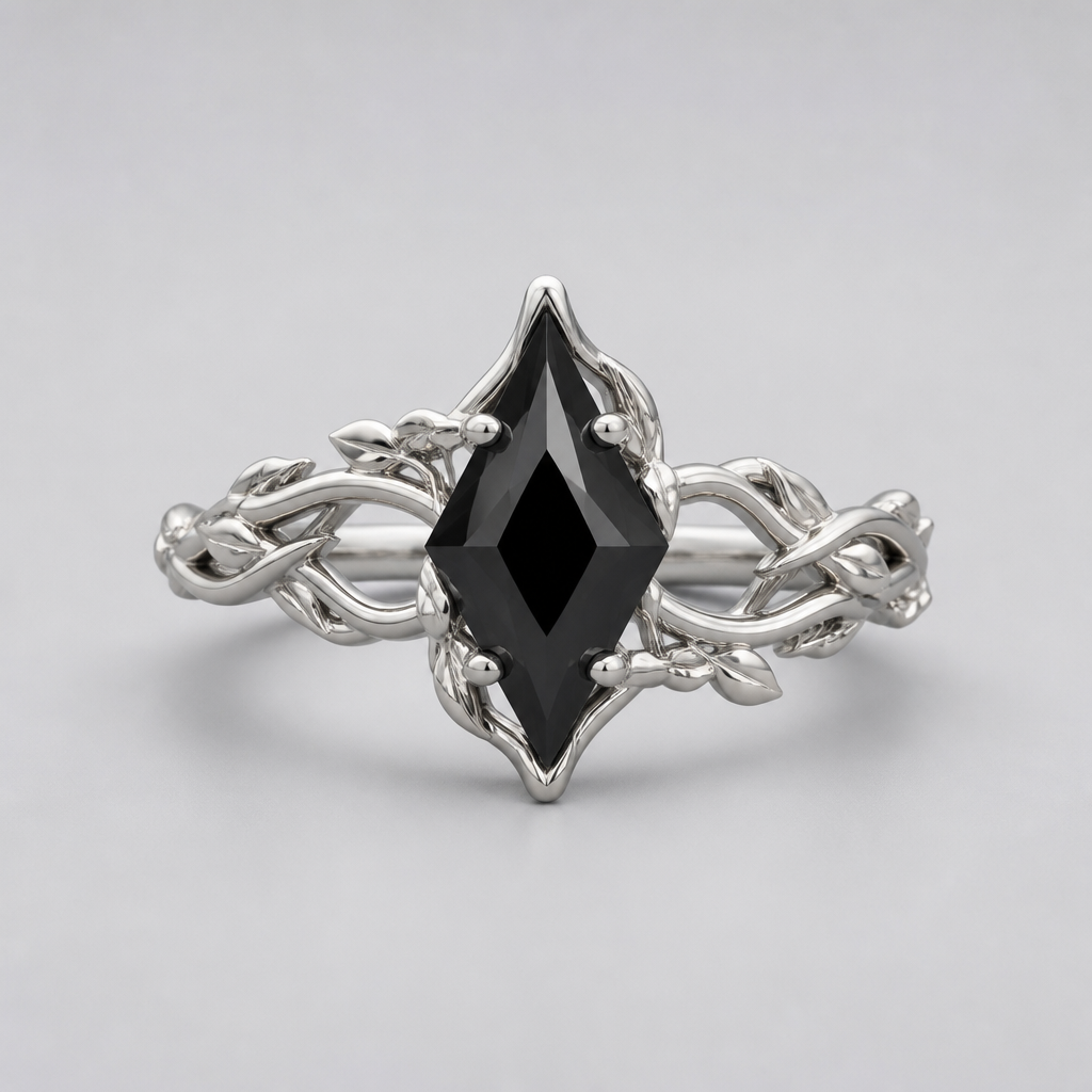 White gold, vines wrapped around with a black kite shaped diamond in the middle
photorealistic jewelry design, White gold, vines wrapped around with a black kite shaped diamond in the middle, just the design no text
