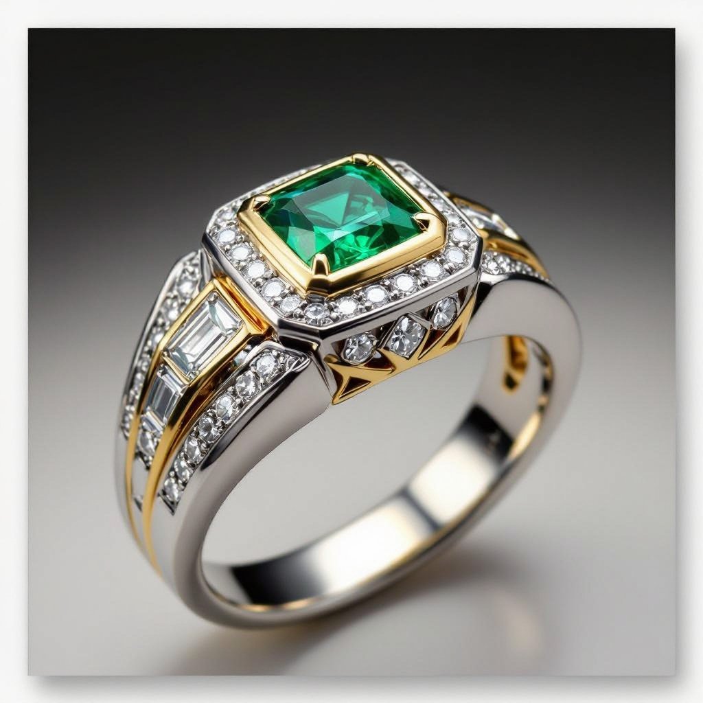 Platinum base ring for men with a gold  in the middle on the side with a trillion emerald in the middle