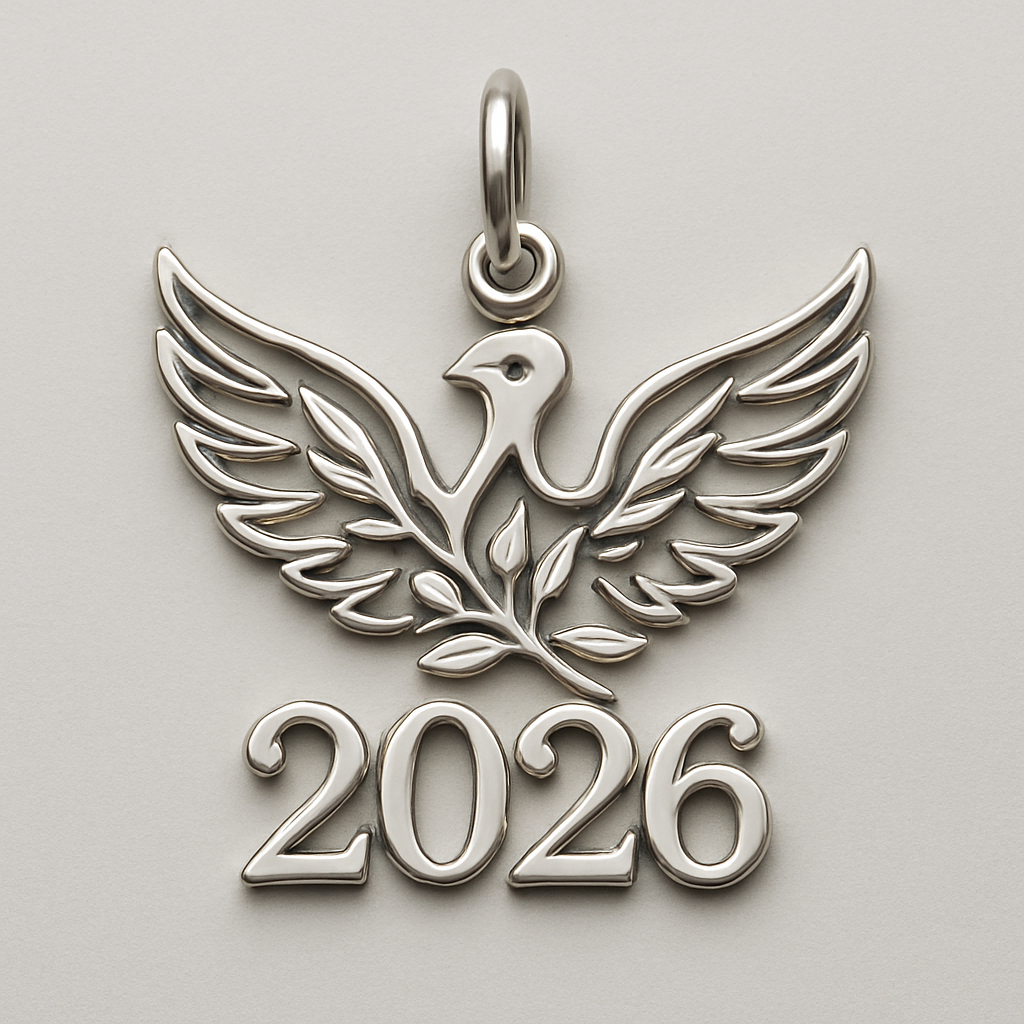 Slim Silver cut-out charm blending together only the two spread out wings of a bird, an olive branch and  along year 2026