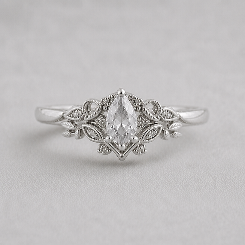 Make the v shape underneath the main stone slimmer and try not to have the leaves on top point out
edit the attached jewelry design with these instructions: Make the v shape underneath the main stone slimmer and try not to have the leaves on top point out. keep it photorealistic, just the design no text