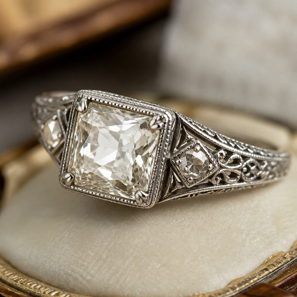 Silver wedding ring with giant square cut diamond
Vintage jewelry: Vintage silver wedding ring, giant square cut diamond, ornate filigree band, antique rose cut side stones, milgrain edges.