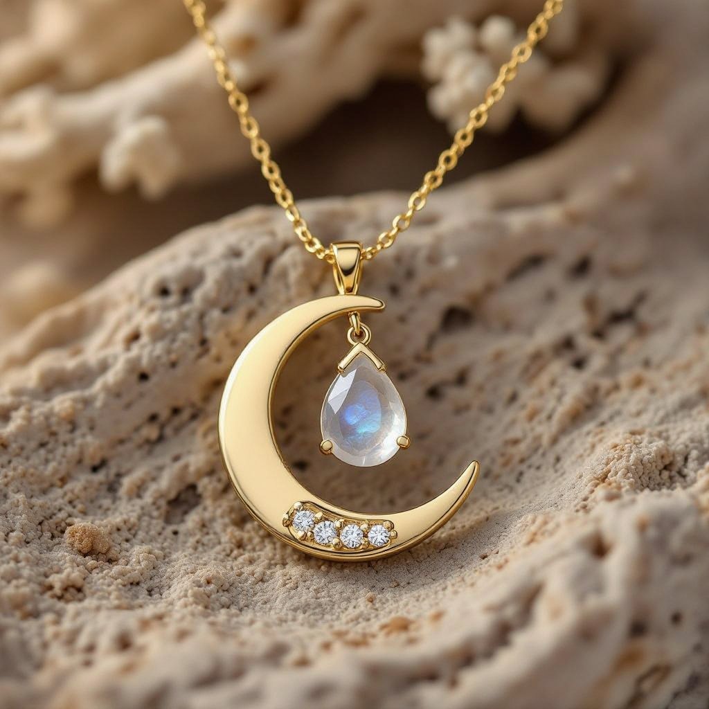 Луна полумесяцем с мелкими камушками и маленький в виде кристала лунный камень подвеска