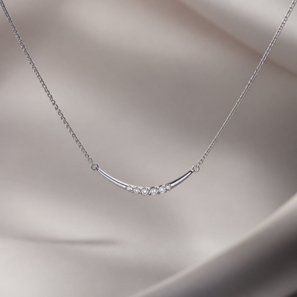 A minimalist women's necklace made of silver with diamond stones. Collier minimaliste simple avec avec quelques diamants, mais qui fait ressentir une émotion
photorealistic jewelry design, A minimalist women's necklace made of silver with diamond stones. Collier minimaliste simple avec avec quelques diamants, mais qui fait ressentir une émotion, minimalist style, just the design no text