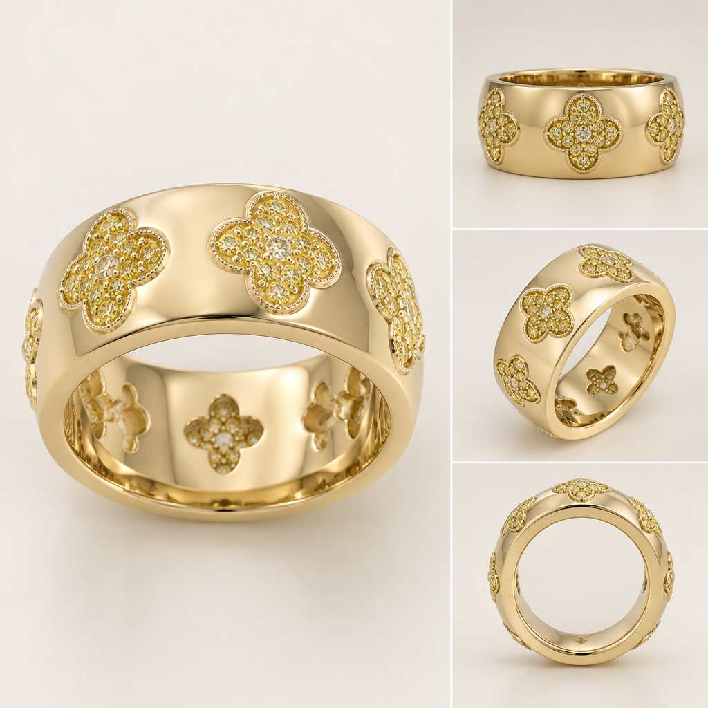 Create ring similar to love in verona roberto coin ring make it it thicker (the band) and the flowers in fancy yellow diamond
photorealistic jewelry design, Create ring similar to love in verona roberto coin ring make it it thicker (the band) and the flowers in fancy yellow diamond, just the design no text