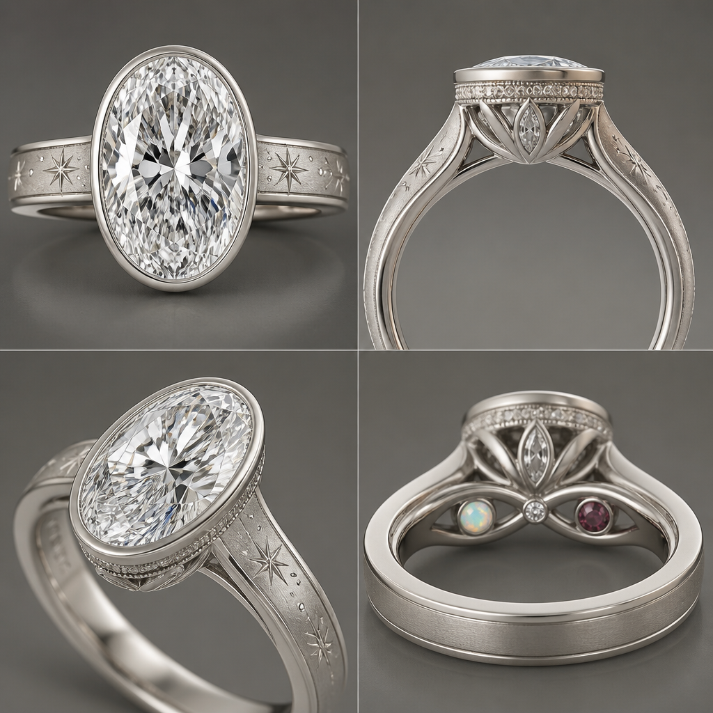 A women's ring, highly ornate, intricate and elaborate, richly detailed. Center Stone
16 × 11 mm oval diamond (~10 ct)
Set as low as structurally possible
Perfectly centered
Full bezel setting
Fine hand-applied milgrain around the bezel
The bezel should be delicate enough to frame the diamond without making it appear smaller.
Top View
This is extremely important.
From the top, I want the ring to appear clean and uninterrupted.
No visible hidden halo
No accent diamonds visible
No decorative elements competing with the center stone
The eye should immediately go to the oval diamond
Side Profile
The side should reveal the craftsmanship gradually.
Hidden halo tucked completely underneath the bezel
Visible only from the side
Smaller and more delicate than a traditional hidden halo
The hidden halo should feel like a surprise rather than a feature.
Lotus Basket
This is the heart of the design.
Six elongated marquise diamonds
Arranged as lotus petals
Petals should flow seamlessly into the shoulders
No abrupt transitions
The basket should look sculpted from one continuous piece of platinum
I want the lotus to feel architectural rather than ornamental.
Band
Platinum
4 mm width at the shoulders
Softly tapered toward the base
Comfort fit
Soft euro shank
Satin/brushed finish
Thin polished edge along each side of the band to frame the brushed finish
Celestial Theme
I want the celestial inspiration to be subtle.
Instead of repeating stars:
Sparse constellation-inspired hand engraving
Tiny polished dots
Very delicate engraved starbursts
Concentrated near the shoulders
Gradually fading into a plain band
The engraving should resemble a quiet night sky rather than a pattern.
Bridge
This should be the most personal part of the ring.
Instead of engraving an infinity symbol, I want the bridge itself to become an elegant infinity-shaped structure.
Inside the loops:
One tiny bezel-set opal
One tiny bezel-set garnet
These represent my husband and me.
If structurally feasible, I'd also like to explore placing a tiny flush-set diamond where the two loops intersect to represent our son.
The bridge should remain refined and not feel busy.
Finish
The ring should have contrast.
Satin brushed platinum on the band
High-polish bezel
High-polish basket
High-polish milgrain
High-polish edges on the band
This contrast should create visual depth without adding extra decoration.
Engineering Priorities
Comfortable for everyday wear
Built to support a 16 × 11 mm oval securely
Basket engineered for long-term durability
Euro shank sized to reduce spinning
Strong enough to become an heirloom
Design Priorities
From most important to least:
Center oval diamond
Milgrain bezel
Lotus basket
Hidden halo
Brushed platinum finish
Celestial shoulder engraving
Infinity bridge with birthstones
Every element below should support—not compete with—the element above it.
photorealistic jewelry design, A women's ring, highly ornate, intricate and elaborate, richly detailed. Center Stone
16 × 11 mm oval diamond (~10 ct)
Set as low as structurally possible
Perfectly centered
Full bezel setting
Fine hand-applied milgrain around the bezel
The bezel should be delicate enough to frame the diamond without making it appear smaller.
Top View
This is extremely important.
From the top, I want the ring to appear clean and uninterrupted.
No visible hidden halo
No accent diamonds visible
No decorative elements competing with the center stone
The eye should immediately go to the oval diamond
Side Profile
The side should reveal the craftsmanship gradually.
Hidden halo tucked completely underneath the bezel
Visible only from the side
Smaller and more delicate than a traditional hidden halo
The hidden halo should feel like a surprise rather than a feature.
Lotus Basket
This is the heart of the design.
Six elongated marquise diamonds
Arranged as lotus petals
Petals should flow seamlessly into the shoulders
No abrupt transitions
The basket should look sculpted from one continuous piece of platinum
I want the lotus to feel architectural rather than ornamental.
Band
Platinum
4 mm width at the shoulders
Softly tapered toward the base
Comfort fit
Soft euro shank
Satin/brushed finish
Thin polished edge along each side of the band to frame the brushed finish
Celestial Theme
I want the celestial inspiration to be subtle.
Instead of repeating stars:
Sparse constellation-inspired hand engraving
Tiny polished dots
Very delicate engraved starbursts
Concentrated near the shoulders
Gradually fading into a plain band
The engraving should resemble a quiet night sky rather than a pattern.
Bridge
This should be the most personal part of the ring.
Instead of engraving an infinity symbol, I want the bridge itself to become an elegant infinity-shaped structure.
Inside the loops:
One tiny bezel-set opal
One tiny bezel-set garnet
These represent my husband and me.
If structurally feasible, I'd also like to explore placing a tiny flush-set diamond where the two loops intersect to represent our son.
The bridge should remain refined and not feel busy.
Finish
The ring should have contrast.
Satin brushed platinum on the band
High-polish bezel
High-polish basket
High-polish milgrain
High-polish edges on the band
This contrast should create visual depth without adding extra decoration.
Engineering Priorities
Comfortable for everyday wear
Built to support a 16 × 11 mm oval securely
Basket engineered for long-term durability
Euro shank sized to reduce spinning
Strong enough to become an heirloom
Design Priorities
From most important to least:
Center oval diamond
Milgrain bezel
Lotus basket
Hidden halo
Brushed platinum finish
Celestial shoulder engraving
Infinity bridge with birthstones
Every element below should support—not compete with—the element above it., modern style, just the design no text