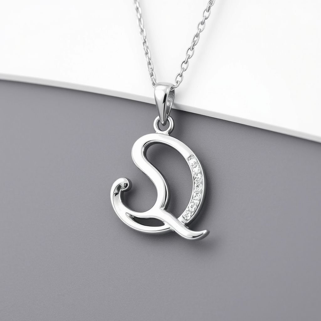 silver necklace with the pendant in conjoined letters SQ with white  stones. Make it cute and simple 