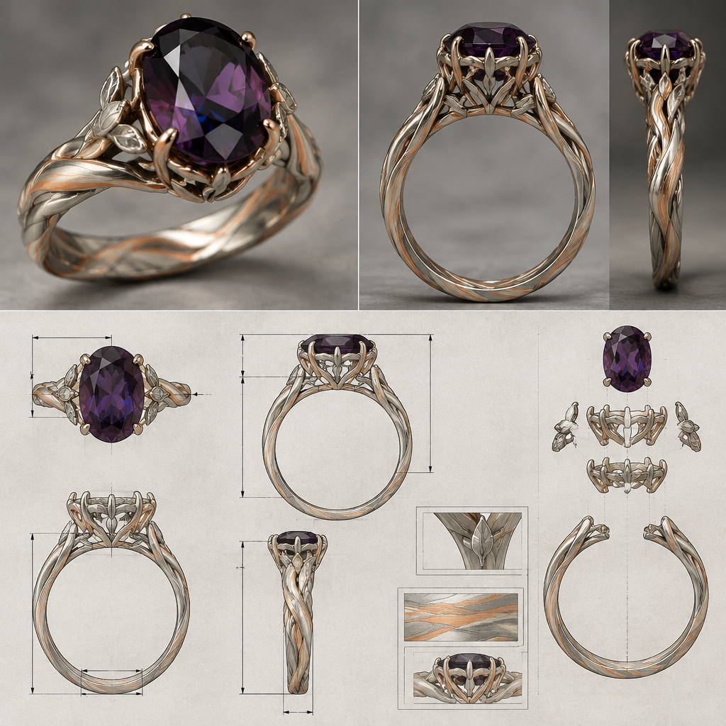 A modern women's ring made of silver, highly ornate, intricate and elaborate, richly detailed. i would like a ring with a deep dark purple/mauve almost not see thru with blueish reflection oval spinel mounted something feminin and also a tiny bit rustic simplistic and durable also elegant and stylish the shank would be 3 colors silver gold and rose gold in a mokume gane style twist in the metal pattern with a bascket style mount for the gem
i would like to see a photo reealistic rendering of the piece and also a sketch with detailed measurment and assembling plan
photorealistic jewelry design, A modern women's ring made of silver, highly ornate, intricate and elaborate, richly detailed. i would like a ring with a deep dark purple/mauve almost not see thru with blueish reflection oval spinel mounted something feminin and also a tiny bit rustic simplistic and durable also elegant and stylish the shank would be 3 colors silver gold and rose gold in a mokume gane style twist in the metal pattern with a bascket style mount for the gem
i would like to see a photo reealistic rendering of the piece and also a sketch with detailed measurment and assembling plan, modern style, just the design no text