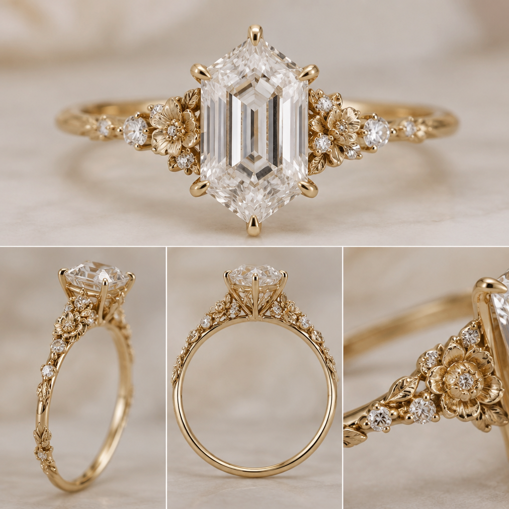 An elongated hexagonal diamond solitaire engagement ring in yellow gold, featuring six delicate claw prongs and an ultra-thin band. The band has scattered delicate peony flower details with small diamond accents and subtle clustered diamond and peony flower detailing around the shoulders with different sizing. The design combines a dramatic geometric center stone with a delicate, feminine, slightly organic/vintage-inspired setting.
photorealistic jewelry design, An elongated hexagonal diamond solitaire engagement ring in yellow gold, featuring six delicate claw prongs and an ultra-thin band. The band has scattered delicate peony flower details with small diamond accents and subtle clustered diamond and peony flower detailing around the shoulders with different sizing. The design combines a dramatic geometric center stone with a delicate, feminine, slightly organic/vintage-inspired setting., just the design no text