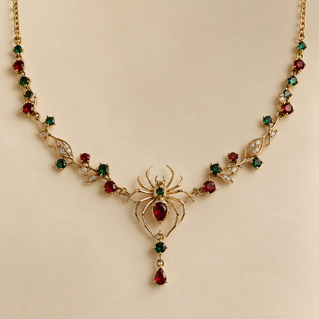 A women's ring, detailed and decorative, moderately ornate. Create a delicate necklace with small red and green stones and a spider in the center. It should be golden and delicate.
photorealistic jewelry design, A women's ring, detailed and decorative, moderately ornate. Create a delicate necklace with small red and green stones and a spider in the center. It should be golden and delicate., modern style, just the design no text