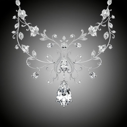 Design an exquisite high-end diamond necklace featuring a harmonious arrangement of brilliant-cut, marquise, and pear-shaped diamonds. The centerpiece should include a cascading teardrop-shaped diamond pendant surrounded by intricate floral and vine-inspired settings. The necklace should have a symmetrical, regal form, with a platinum or white gold base, encrusted with pavé diamonds. Ensure the design reflects luxury, elegance, and timeless craftsmanship, suitable for a royal gala or red carpet event.