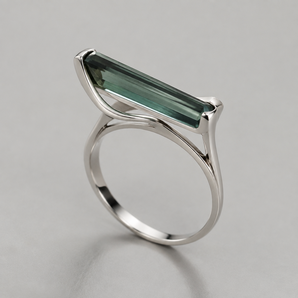 A women's ring made of silver, minimalist, simple and delicate, clean lines. I have a long rectangle tourmaline. I want you to make something youve never seen made
photorealistic jewelry design, A women's ring made of silver, minimalist, simple and delicate, clean lines. I have a long rectangle tourmaline. I want you to make something youve never seen made, modern style, just the design no text