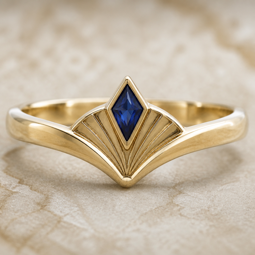 Art deco fan nestled into a curvy chevron band with kite sapphire bezel set on top of the fan
photorealistic jewelry design, Art deco fan nestled into a curvy chevron band with kite sapphire bezel set on top of the fan, art_deco style, just the design no text