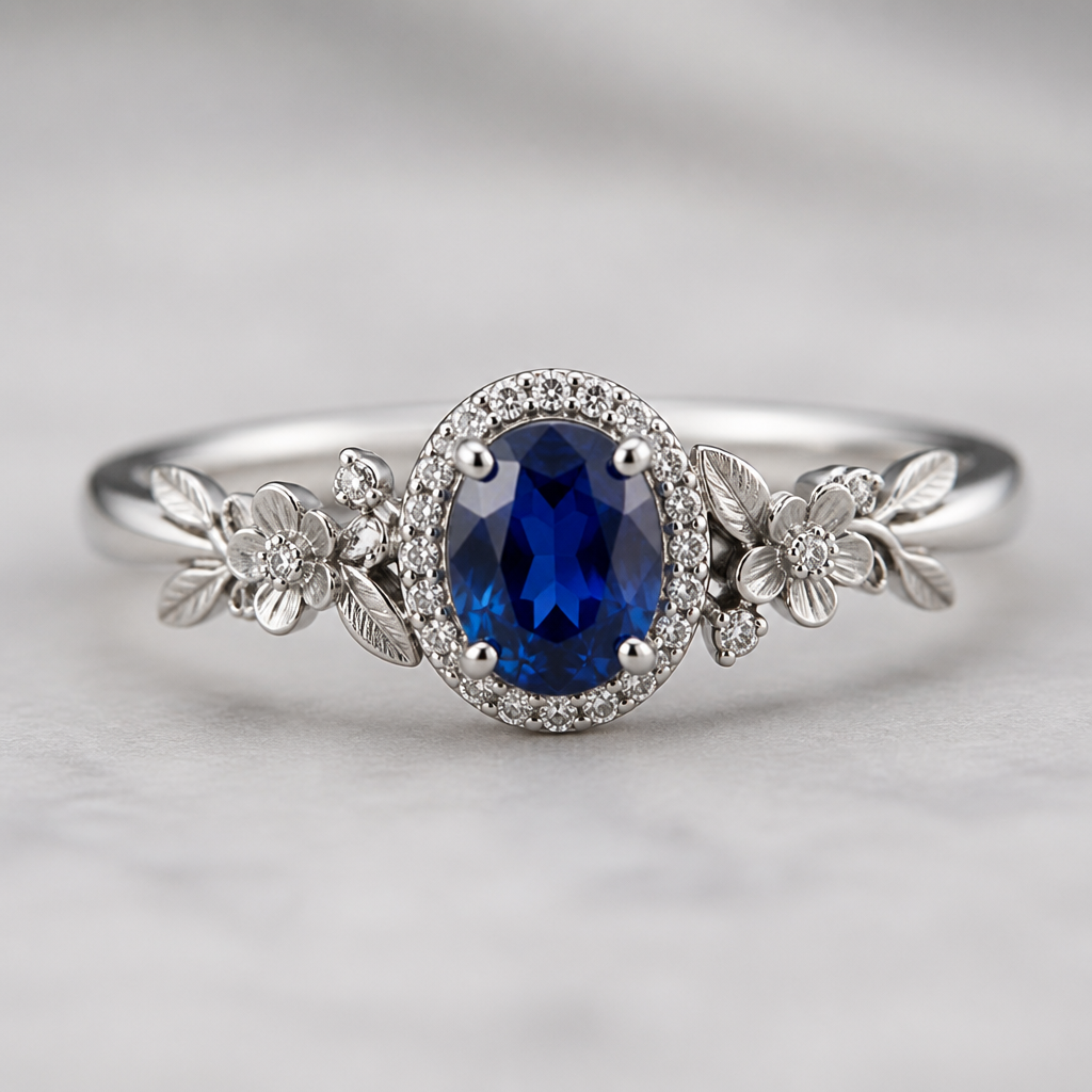 A classic women's ring made of silver with sapphire stones suitable for engagement. Center Stone
A deep blue sapphire as the main gemstone, set slightly raised so light can enter the stone.
Oval or round sapphire shape for a timeless look.
A thin halo of tiny diamonds or small clear stones (optional) to make the sapphire sparkle.
Band Shape
A slim, smooth band with a gentle curve that flows toward the sapphire.
The ring face should be medium-sized — noticeable but still delicate.
Side Flower Design
Add floral vines on both sides of the sapphire.
Each side could have:
One small flower bud near the stone
Tiny engraved leaves flowing down the band
Small accent diamonds or gemstones inside the flower centers
Keep the flowers subtle so they frame the sapphire instead of overpowering it.
Metal Finish
Polished white gold or platinum for a classic, icy look with the blue sapphire.
A brushed finish on the sides of the band could add a soft, handmade feel.
The flower details could have a slightly raised texture to make them stand out.
Overall Style:
A sapphire garden ring — a deep blue gemstone surrounded by delicate blooming flowers, elegant and feminine without being overly flashy.
photorealistic jewelry design, A classic women's ring made of silver with sapphire stones suitable for engagement. Center Stone
A deep blue sapphire as the main gemstone, set slightly raised so light can enter the stone.
Oval or round sapphire shape for a timeless look.
A thin halo of tiny diamonds or small clear stones (optional) to make the sapphire sparkle.
Band Shape
A slim, smooth band with a gentle curve that flows toward the sapphire.
The ring face should be medium-sized — noticeable but still delicate.
Side Flower Design
Add floral vines on both sides of the sapphire.
Each side could have:
One small flower bud near the stone
Tiny engraved leaves flowing down the band
Small accent diamonds or gemstones inside the flower centers
Keep the flowers subtle so they frame the sapphire instead of overpowering it.
Metal Finish
Polished white gold or platinum for a classic, icy look with the blue sapphire.
A brushed finish on the sides of the band could add a soft, handmade feel.
The flower details could have a slightly raised texture to make them stand out.
Overall Style:
A sapphire garden ring — a deep blue gemstone surrounded by delicate blooming flowers, elegant and feminine without being overly flashy., classic style, just the design no text