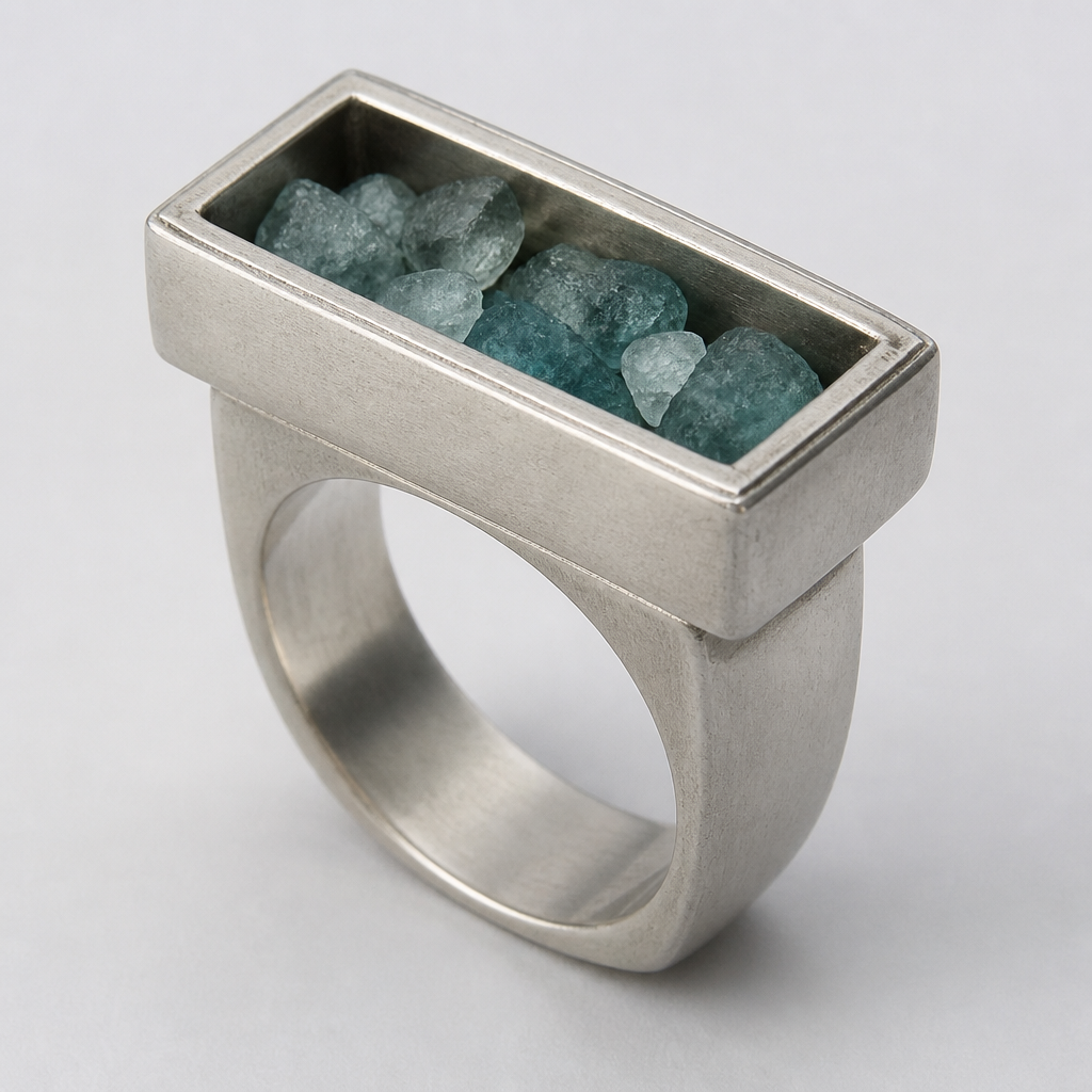 A industrial women's ring made of silver with aquamarine stones. Un anillo de líneas rectas, en la parte superior tiene un rectángulo mayor que el aro del anillo de líneas convexas con el interior hueco en el que van las gemas están en bruto
photorealistic jewelry design, A industrial women's ring made of silver with aquamarine stones. Un anillo de líneas rectas, en la parte superior tiene un rectángulo mayor que el aro del anillo de líneas convexas con el interior hueco en el que van las gemas están en bruto, industrial style, just the design no text
