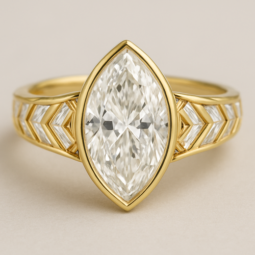 Bezel set 6 carat marquise diamond center stone with baguette diamonds in a herringbone pattern in the band