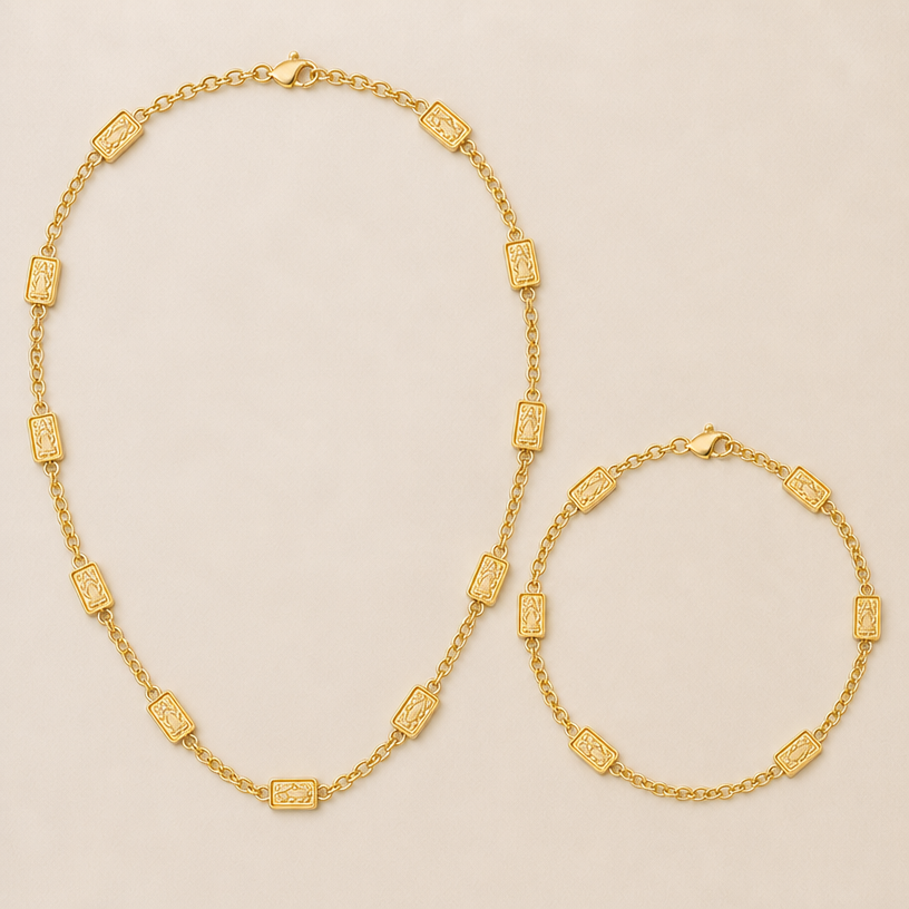 Show me a set of a necklace and bracelet with a few pamp one grams, about ten of them
edit the attached jewelry design with these instructions: Show me a set of a necklace and bracelet with a few pamp one grams, about ten of them. keep it photorealistic, just the design no text