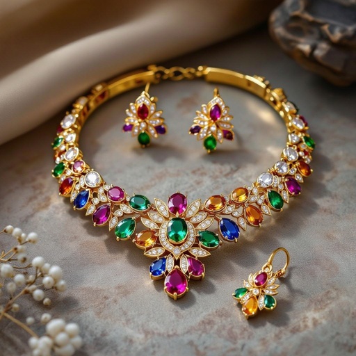 Necklace and ring and earring with luxury colorful jewel with gold
