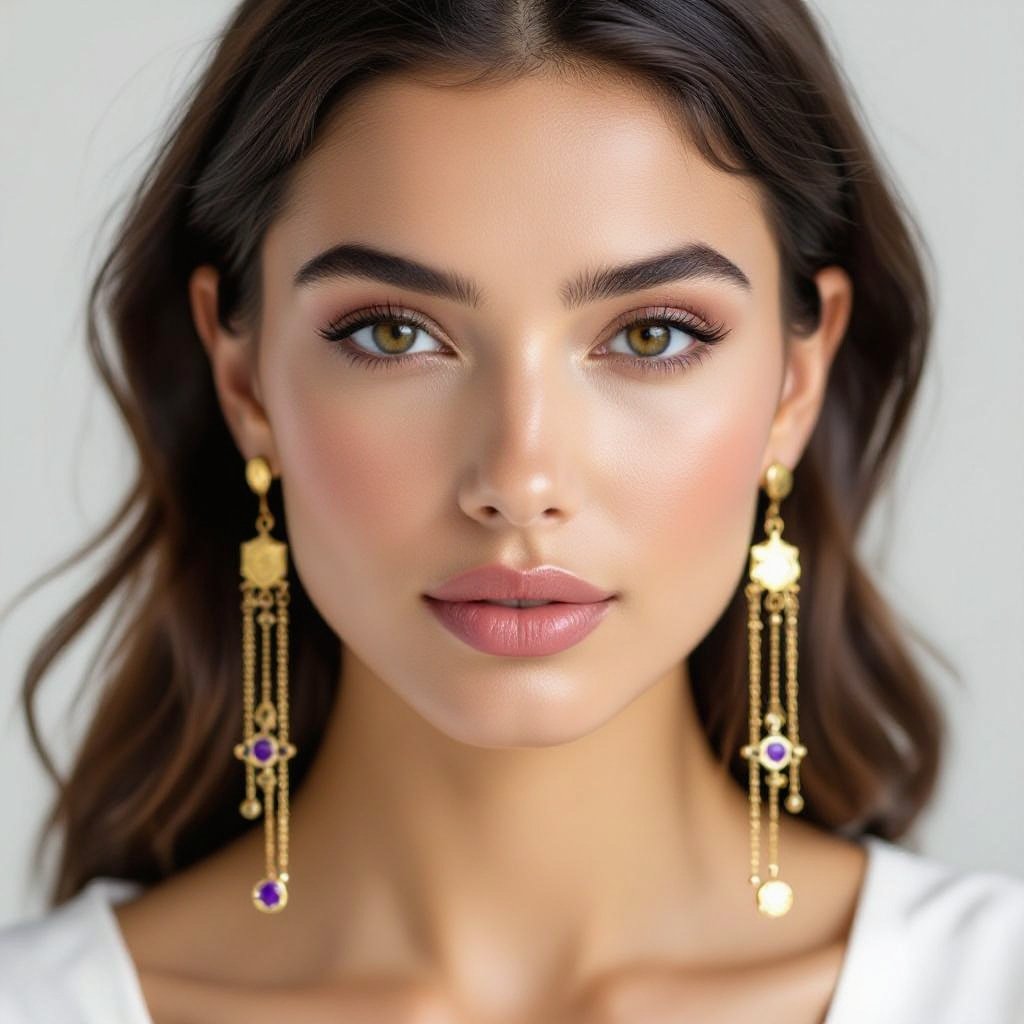 Серьги длинные на цепочках матовое золото мятое. Символ схематично созвездие. Маленькие фиолетовые камушки