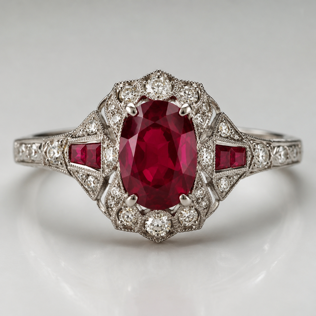 A vintage women's ring made of platinum with ruby stones suitable for formal
photorealistic jewelry design, A vintage women's ring made of platinum with ruby stones suitable for formal, vintage style, just the design no text