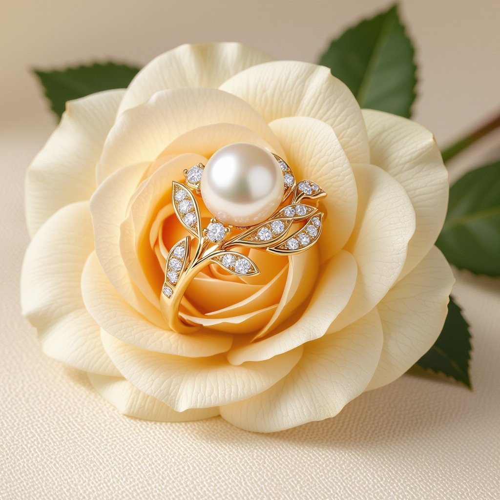 golden ring with peral sorrounded by diamonds inside a rose with leaves 