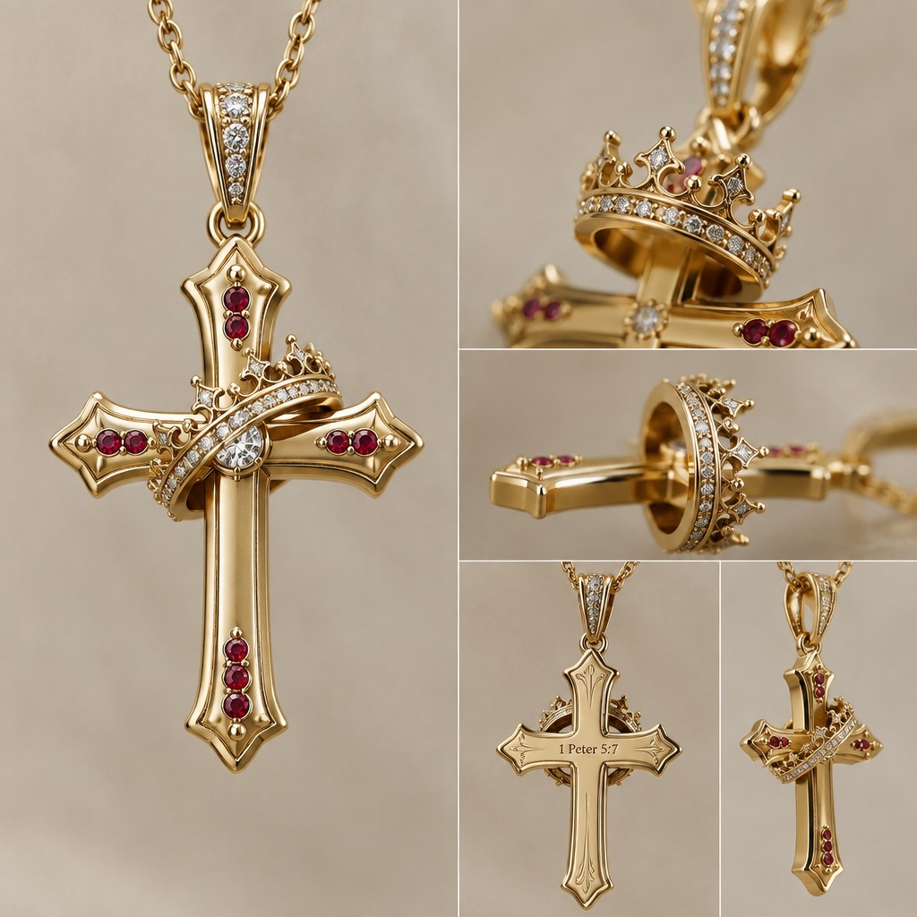 A women's ring. a gold cross necklace with a diamond in the middle and three little rubies in every point in a straight line they are very small, and a moveable gold crown on the cross with the words he is with you in the crown ant it it should be a kings crown and little diamonds all around and it can spin all around the cross. on the backof the cross is a ingravemet the Bible verse 1 Peter 5:7
photorealistic jewelry design, A women's ring. a gold cross necklace with a diamond in the middle and three little rubies in every point in a straight line they are very small, and a moveable gold crown on the cross with the words he is with you in the crown ant it it should be a kings crown and little diamonds all around and it can spin all around the cross. on the backof the cross is a ingravemet the Bible verse 1 Peter 5:7, modern style, just the design no text