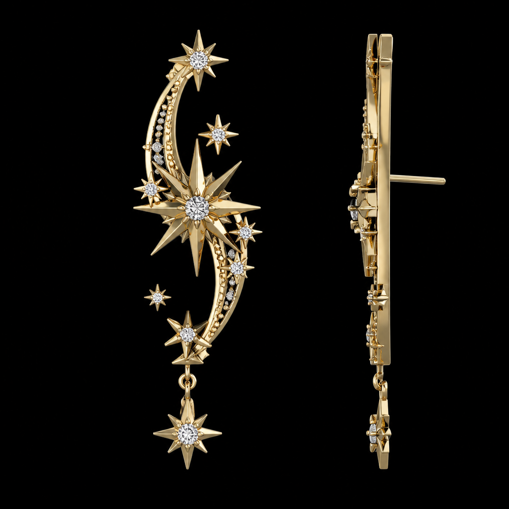 “Design a luxurious star-themed earring inspired by celestial constellations. The earring should feature layered stars with elegant sharp geometry and subtle organic curves. One side of the earring must be completely flat for comfortable wear and practical manufacturing, while the visible side should have intricate depth, polished metallic reflections, tiny gemstone accents, and premium craftsmanship. Style: modern high-end jewelry, minimal yet magical, suitable for gold or silver casting. Ultra-detailed, realistic jewelry render, studio lighting, black background.”
photorealistic jewelry design, “Design a luxurious star-themed earring inspired by celestial constellations. The earring should feature layered stars with elegant sharp geometry and subtle organic curves. One side of the earring must be completely flat for comfortable wear and practical manufacturing, while the visible side should have intricate depth, polished metallic reflections, tiny gemstone accents, and premium craftsmanship. Style: modern high-end jewelry, minimal yet magical, suitable for gold or silver casting. Ultra-detailed, realistic jewelry render, studio lighting, black background.”, just the design no text
