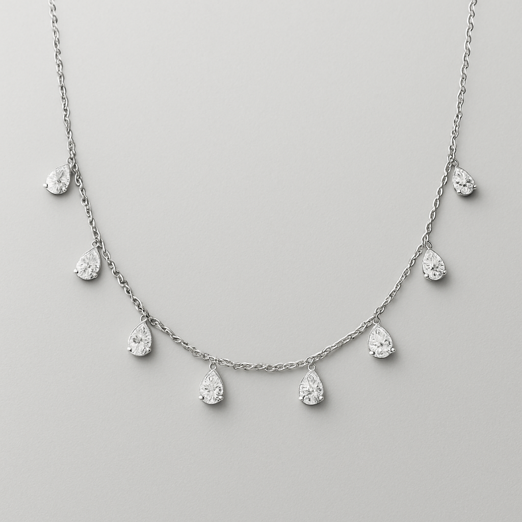 Pear shape pears station necklace 7 diamonds  silver small each diamonds .15 no bezel
