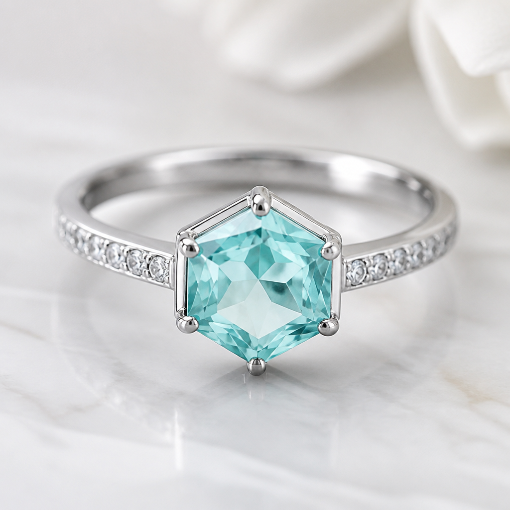 A modern women's ring made of silver with ruby stones suitable for wedding. A ring made of sterling silver with a hexagonal light turquoise cubic zirconia stone in the center, and small white cubic zirconia stones on the ring band.
photorealistic jewelry design, A modern women's ring made of silver with ruby stones suitable for wedding. A ring made of sterling silver with a hexagonal light turquoise cubic zirconia stone in the center, and small white cubic zirconia stones on the ring band., modern style, just the design no text