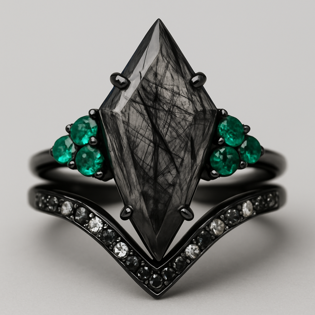 Black band, long kite cut rutilated black quartz, emerald accent stones 3 on each side in a cluster, add a wedding band that curves around main stone with black and white stones