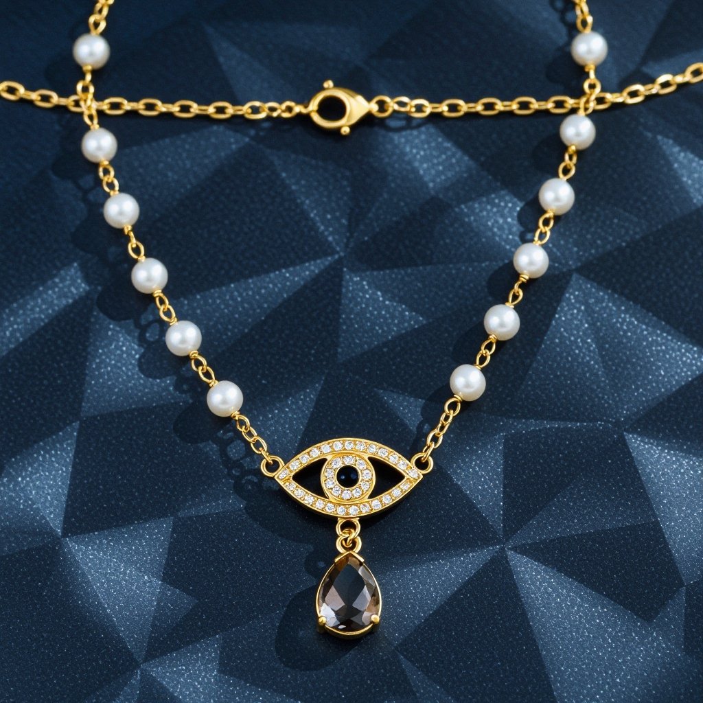 Тонкая цепочка с золотыми шариками и мелкими жемчужными камушками на цепочке есть кулон в форме глаза, зрачок глаза из раухтопаза от глаза идет маленькая подвеска с маленьким камушком 