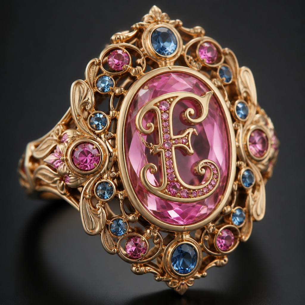 A art nouveau women's ring, highly ornate, intricate and elaborate, richly detailed. anel de 15 anos com inicial E com pedras rosa dentro com azul e rosa em volta
photorealistic jewelry design, A art nouveau women's ring, highly ornate, intricate and elaborate, richly detailed. anel de 15 anos com inicial E com pedras rosa dentro com azul e rosa em volta, art_nouveau style, just the design no text