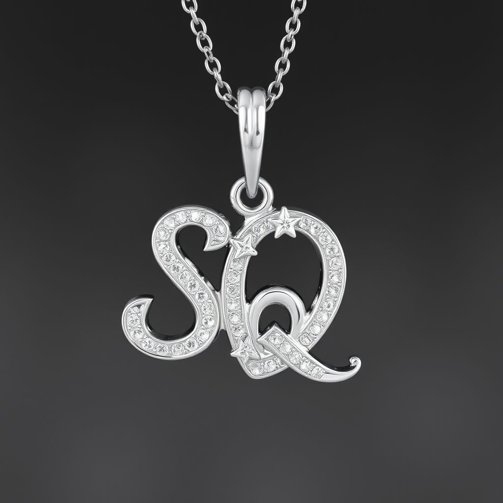 silver necklace with the pendant in letter letters SQ with white  stones. Make it cute and simple 