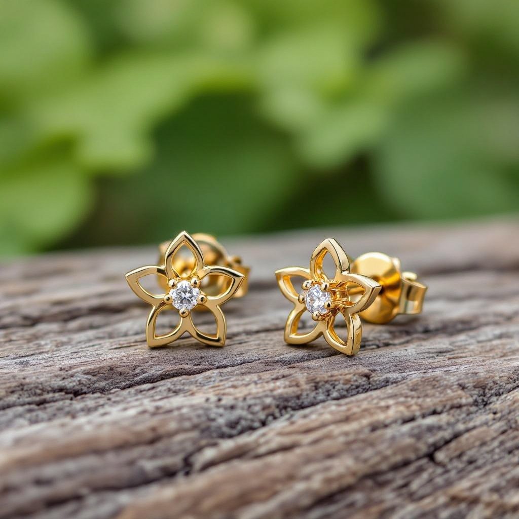 Пусеты винтовой замок маленький лотос плоский с маленьким фианитом по центру