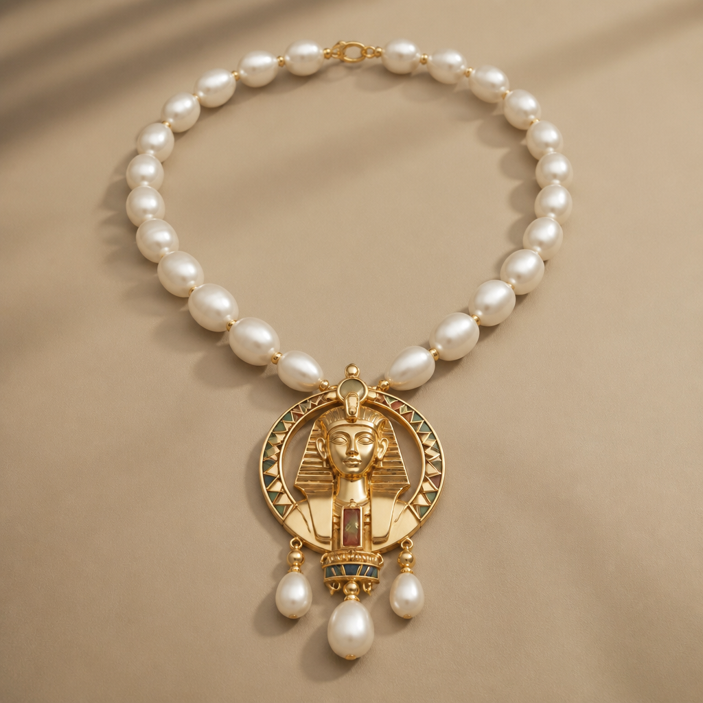 A women's necklace. Professional jewelry product photography, handmade pharaonic necklace with Mallorca pearls, elegant Egyptian pendant, luxury Instagram brand aesthetic, beige background, premium feminine accessory, soft shadows, realistic commercial jewelry shot
photorealistic jewelry design, A women's necklace. Professional jewelry product photography, handmade pharaonic necklace with Mallorca pearls, elegant Egyptian pendant, luxury Instagram brand aesthetic, beige background, premium feminine accessory, soft shadows, realistic commercial jewelry shot, modern style, just the design no text