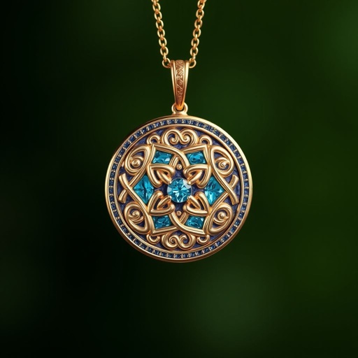 A celtic 50 carat Amulet necklace locket with VVS Nanette-cut turquoise sapphire gemstones and 18k gold chain