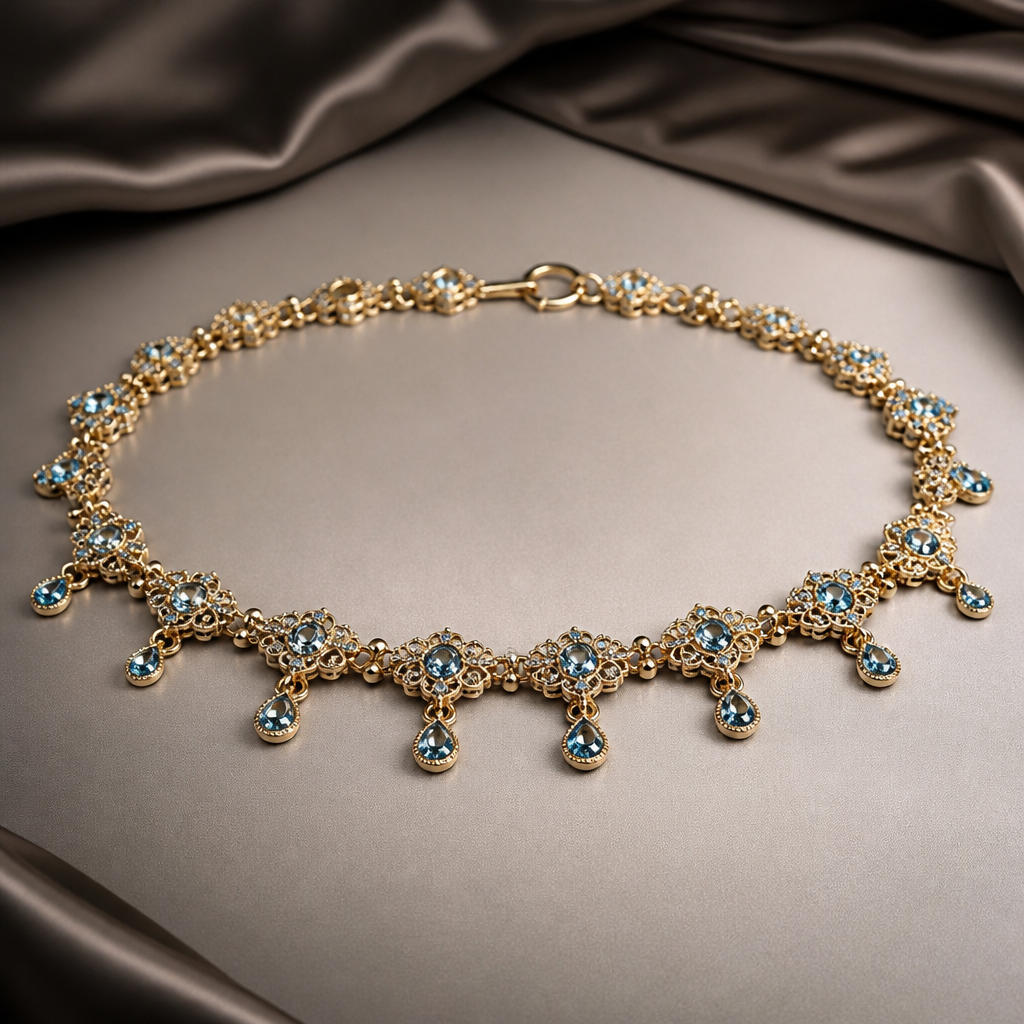 A vintage women's anklet made of gold with topaz stones suitable for formal, highly ornate, intricate and elaborate, richly detailed. delicado y sencillo
photorealistic jewelry design, A vintage women's anklet made of gold with topaz stones suitable for formal, highly ornate, intricate and elaborate, richly detailed. delicado y sencillo, vintage style, just the design no text