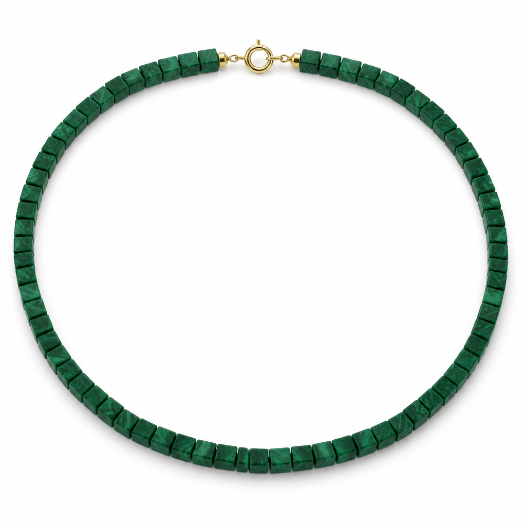 18” inches cubed cuted 5mm malachite stone with a spring ring clasp in the front part
photorealistic jewelry design, 18” inches cubed cuted 5mm malachite stone with a spring ring clasp in the front part, beaded style, just the design no text