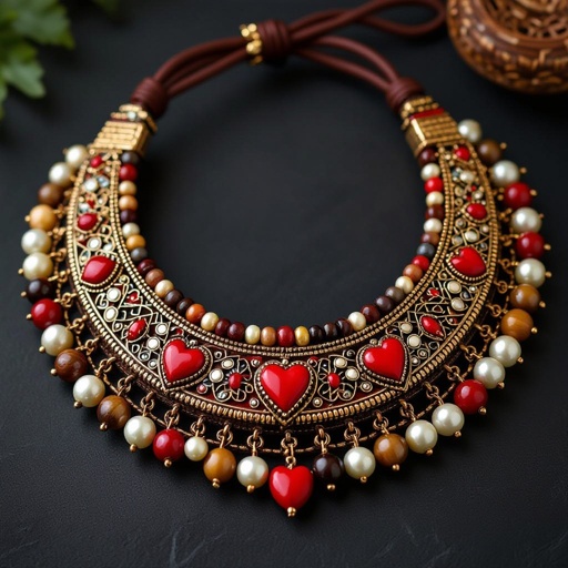 Necklace cute, intricate design, small, wood pearls and leather lace, with red hearts pearls and brown, beige and grey pearls