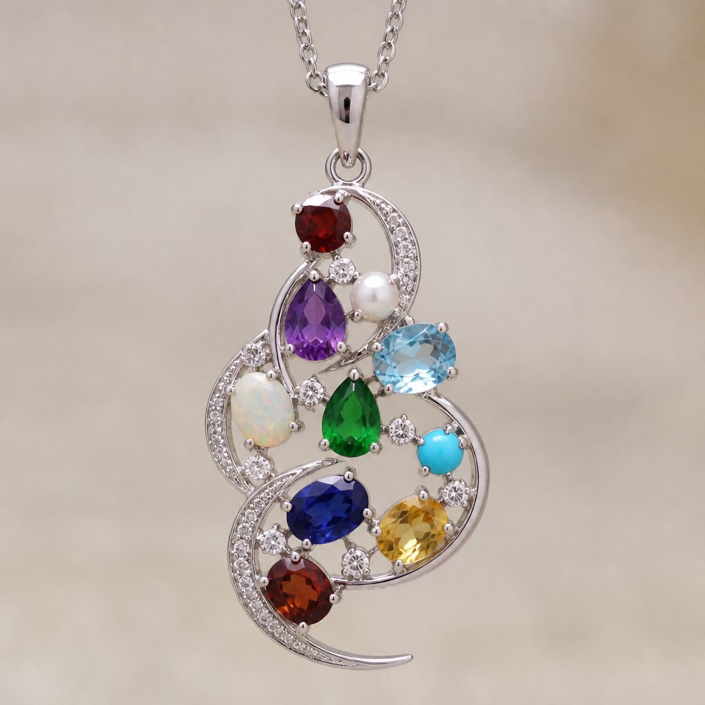 A women's pendant made of silver with diamond and ruby and sapphire and emerald and amethyst and pearl and opal and topaz and garnet and aquamarine and turquoise stones suitable for daily wear
photorealistic jewelry design, A women's pendant made of silver with diamond and ruby and sapphire and emerald and amethyst and pearl and opal and topaz and garnet and aquamarine and turquoise stones suitable for daily wear, modern style, just the design no text
